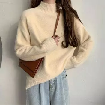 Женский свитер, однотонный свободный вязаный пуловер, топ One size бежевый