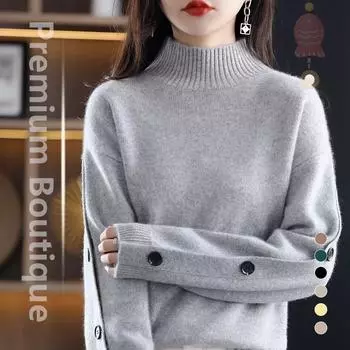 Женский свитер осень и зима пряжка полуводолазка женский ленивый стиль универсальный шерстяной свитер свободный утолщенный свитер 2XL серый