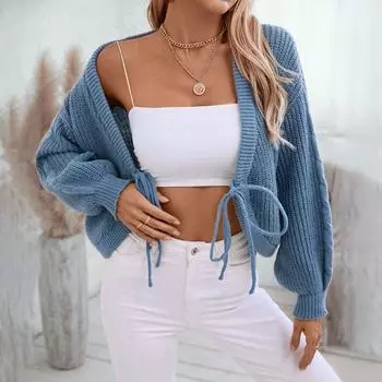 Женский свитер осень и зима V-образный вырез свободный однотонный короткий шнурованный сексуальный вязаный свитер кардиган для женщин S абрикосовый