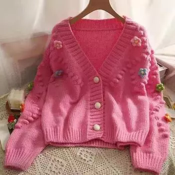Женский свитер осень-зима 2022, новый мягкий восковой сладкий свободный трехмерный декоративный вязаный кардиган с маленьким цветком для женщин One Size бежевый
