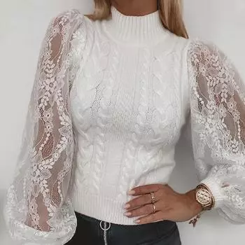 Женский свитер осень-зима белый с полувысоким воротом и кружевным узором с рукавами-фонариками XL белый