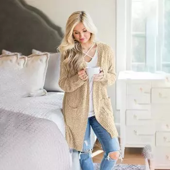 Женский свитер осень/зима из однотонного гранулированного флиса с двумя карманами S хаки