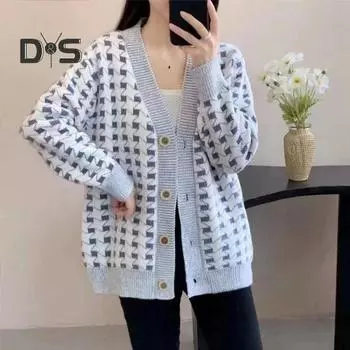 Женский свитер осень-зима кардиган вязаный толстый однобортный клетчатый принт цветной V-образный вырез длинный рукав морозостойкий мягкий свободный женский свитер XL чёрный