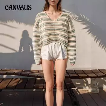 Женский свитер осень-зима новый свободный трикотажный топ с V-образным вырезом и длинными рукавами в полоску S светло-желтого