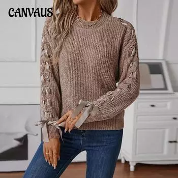 Женский свитер осень-зима однотонный свободный пуловер с бантом свитер больших размеров S хаки