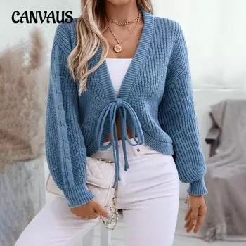 Женский свитер осень-зима плюс размер V-образный вырез свободный однотонный цвет короткий секция завязка сексуальный вязаный кардиган S абрикосовый