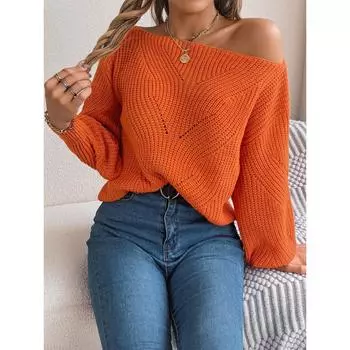 Женский свитер осень/зима повседневный с вырезом в одну линию и открытыми плечами, рукавами-фонариками S серый