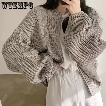 Женский свитер осень зима ретро свободная молния жареное тесто крутки толстый вязаный кардиган S серый