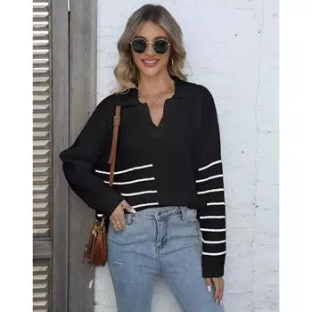 Женский свитер осень-зима с контрастными полосками и воротником-поло one size белый