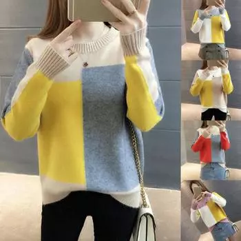 Женский свитер осень-зима с круглым вырезом, вязаный свитер, цветные пуловеры, свободный повседневный модный свитер с длинным рукавом One Size белый