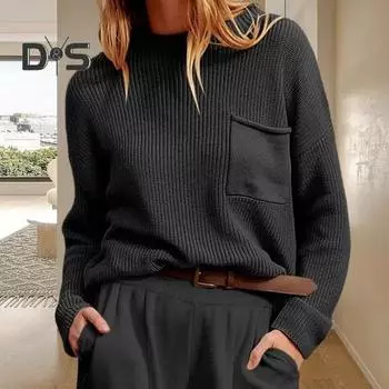 Женский свитер осень-зима с круглым вырезом и длинным рукавом, с карманами, сращивание, толстый, теплый, однотонный, повседневный, базовый, джемпер, топы, уличная одежда 2XL светло-серый