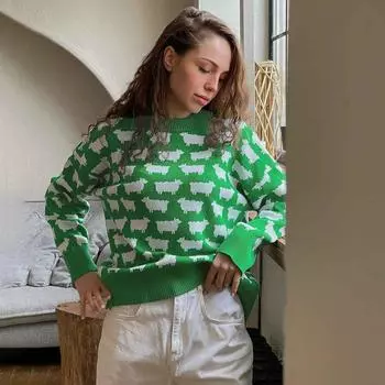 Женский свитер осень-зима с круглым вырезом и длинными рукавами S зелёный