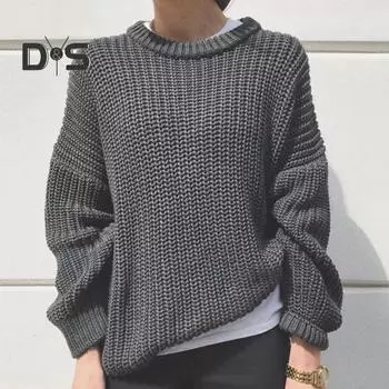 Женский свитер осень-зима с круглым вырезом и длинным рукавом, свободный, однотонный, плотный, трикотажный, повседневный, мягкий, не садится, не образует катышков, женский свитер M хаки