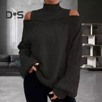 Женский свитер осень-зима с открытыми плечами, длинным рукавом, полувысоким воротником, однотонный свободный трикотажный пуловер, эластичный, мягкий, теплый, женский топ 3XL чёрный