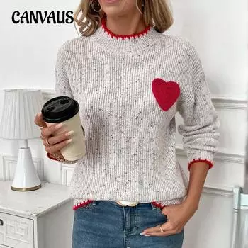 Женский свитер осень/зима с полувысоким воротом и узором в виде сердца ко Дню святого Валентина S светло-серый