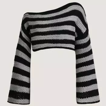 Женский свитер осень/зима с яркими полосками, косой ворот, расклешенные рукава S серый