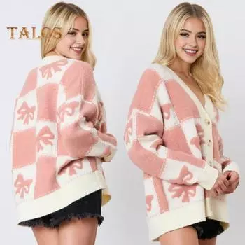 Женский свитер осень-зима с V-образным вырезом и длинным рукавом, однобортный вязаный свитер с принтом в клетку и бантом, пальто-свитер S горячий розовый