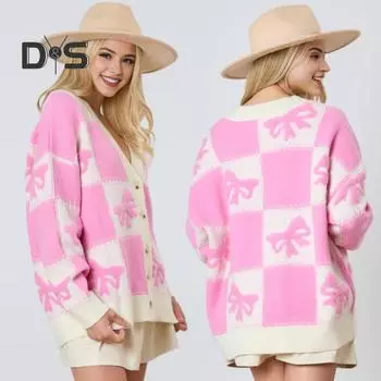 Женский свитер осень-зима с V-образным вырезом и длинным рукавом, однобортный вязаный свитер с принтом в клетку и бантом, пальто-свитер S горячий розовый