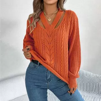 Женский свитер осень-зима с V-образным вырезом и длинным рукавом S серый