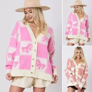 Женский свитер осень-зима с V-образным вырезом и длинным рукавом, однобортный вязаный свитер с принтом в клетку и бантом, пальто-свитер S горячий розовый