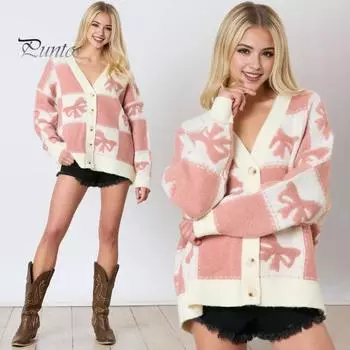 Женский свитер осень-зима с V-образным вырезом и длинным рукавом, однобортный вязаный свитер с принтом в клетку и бантом, пальто-свитер S горячий розовый