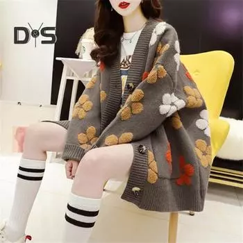 Женский свитер осень-зима с жаккардовым цветочным декором, пальто с V-образным вырезом, длинными рукавами, карманами, однобортный свитер с ребристой отделкой, кардиган кофейный