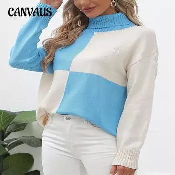 Женский свитер осень-зима сращивание однотонный модный пуловер трикотаж больших размеров S синий