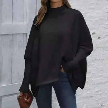 Женский свитер осень-зима свободный разрез рукав летучая мышь свитер с высоким воротом average size чёрный