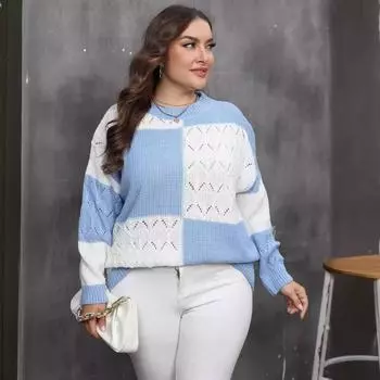 Женский свитер осень/зима в клетку в стиле пэчворк S синий