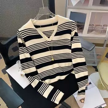 Женский свитер осень-зима в полоску, базовый универсальный свитер с отворотами в корейском стиле, поло, трикотажный низ, верх, повседневные тонкие свитера One Size