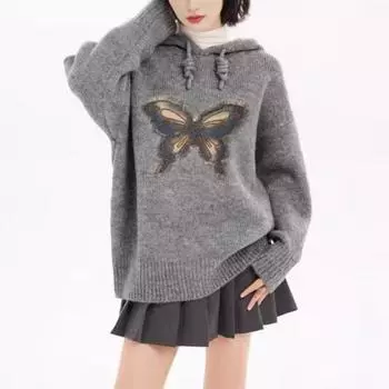 Женский свитер осень/зима, вязка «бабочка», свободный повседневный с капюшоном и длинными рукавами, мягкий клейкий топ one size серый