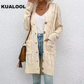 Женский свитер, осенне-зимний вязаный кардиган на пуговицах с v-образным вырезом