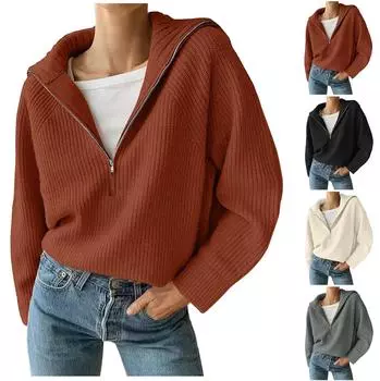 Женский свитер оверсайз на половине молнии, осенне-зимний вязаный пуловер с длинным рукавом и v-образным вырезом, с заниженным плечом, куртки S белый