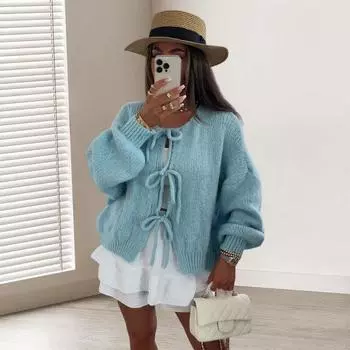 Женский свитер, пальто, круглый вырез, длинный рукав, на шнуровке, вязаное пальто, однотонный цвет, свободный S синий