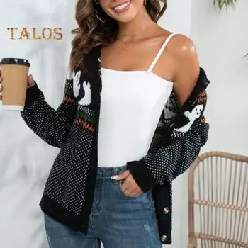 Женский свитер, пальто, круглый вырез, длинный рукав, узор «Призрак», вязаный кардиган на Хэллоуин, однобортный свитер, кардиган S чёрный