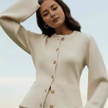 Женский свитер, пальто, круглый вырез, длинный рукав, однобортный, трикотажный топ, однотонный, облегающий, с ребристой отделкой, трикотаж с карманами S дубильная кора