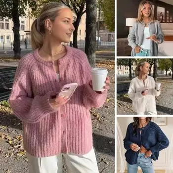 Женский свитер, пальто, круглый вырез, длинный рукав, однотонный кардиган на пуговицах, свитер S зелёный