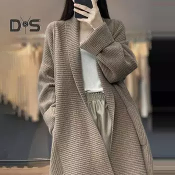 Женский свитер, пальто, лацкан, длинный рукав, открытый спереди, вязаный кардиган с большими карманами, однотонный, свободный крой, верхняя одежда средней длины серый