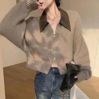 Женский свитер, пальто, лацкан, длинный рукав, застежка-молния, вязаный кардиган, пэчворк, цветная ребристая отделка, свободный крой, повседневный трикотаж чёрный