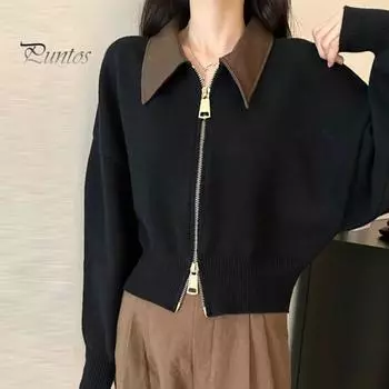 Женский свитер, пальто, лацкан, длинный рукав, застежка-молния, вязаный кардиган, пэчворк, цветная ребристая отделка, свободный крой, повседневный трикотаж хаки