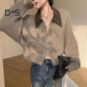 Женский свитер, пальто, лацкан, длинный рукав, застежка-молния, вязаный кардиган, пэчворк, цветная ребристая отделка, свободный крой, повседневный трикотаж чёрный