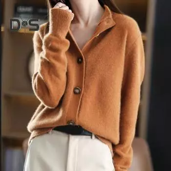 Женский свитер, пальто, однобортный, воротник-стойка, длинные рукава, трикотаж, свободный, однотонный, короткий кардиган, куртка M