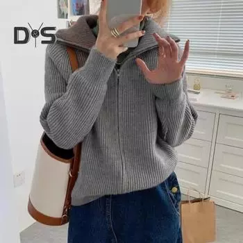 Женский свитер, пальто, однотонный, с длинным рукавом, с двойной молнией, трикотажное пальто, повседневная верхняя одежда для поездок на работу хаки