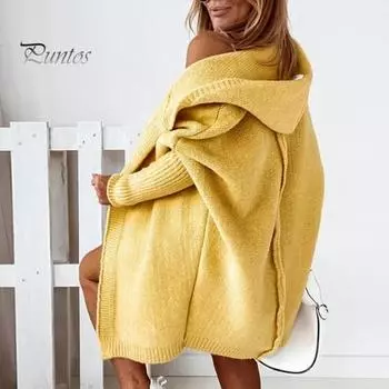 Женский свитер, пальто с капюшоном, длинный рукав, ребристые манжеты, открытая передняя часть, вязаное пальто, однотонный свитер средней длины, кардиган M чёрный