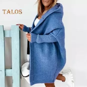 Женский свитер, пальто с капюшоном, длинный рукав, ребристые манжеты, открытая передняя часть, вязаное пальто, однотонный свитер средней длины, кардиган S хаки