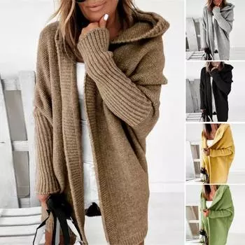 Женский свитер, пальто с капюшоном, длинный рукав, ребристые манжеты, открытая передняя часть, трикотажное пальто, однотонное S жёлтый