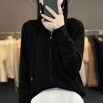 Женский свитер, пальто с капюшоном, завязками на шнурке, длинными рукавами, двойные молнии, трикотажное пальто, однотонное, свободного кроя, жаккардовая верхняя одежда S верблюд