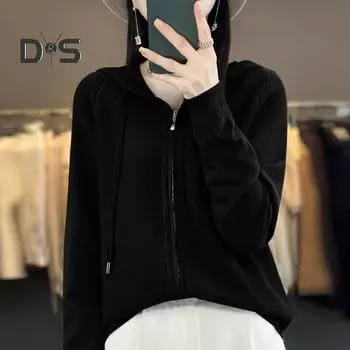 Женский свитер, пальто с капюшоном, завязками на шнурке, длинными рукавами, двойные молнии, трикотажное пальто, однотонное, свободного кроя, жаккардовая верхняя одежда S розовый