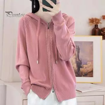 Женский свитер, пальто с капюшоном, завязками на шнурке, длинными рукавами, двойные молнии, трикотажное пальто, однотонное, свободного кроя, жаккардовая верхняя одежда S бежевый