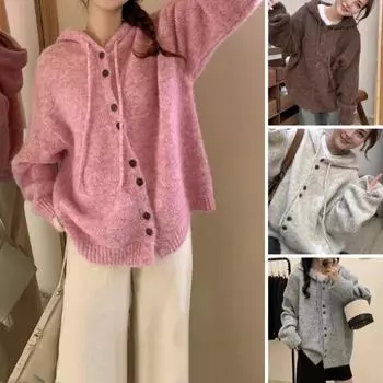 Женский свитер, пальто с капюшоном, завязками, длинными рукавами, однотонное трикотажное пальто с застежкой на пуговицы абрикосовый